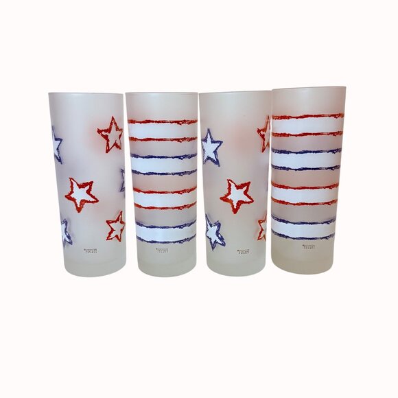 Dartington France Patriotic Tumblers Frosted Glass Set of 4 Stars Stripes July 4 - Picture 7 of 13